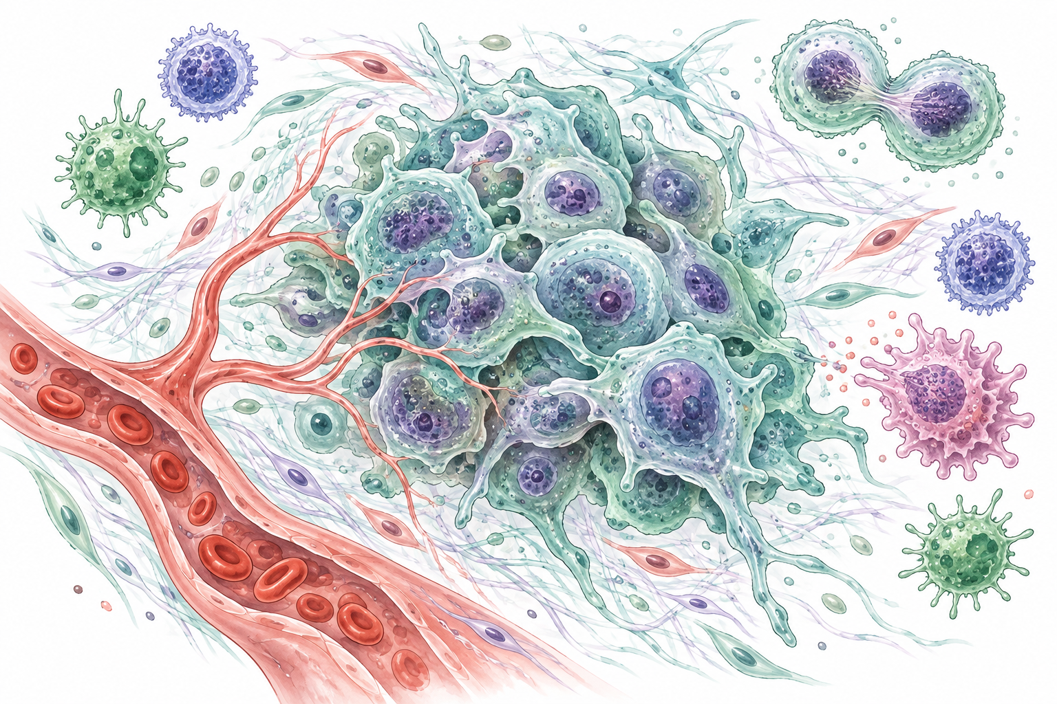 Illustration of a tumor cell cluster surrounded by blood vessels, immune cells and a dividing cell.